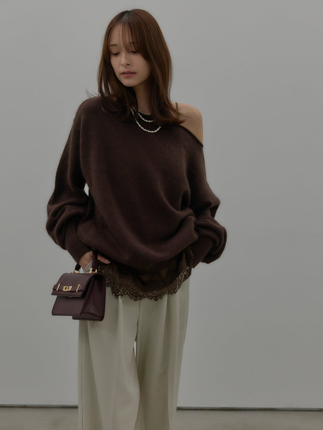 【SET】【premium touch】2wayショルダーニットプルオーバー+レースサテンキャミソール(2set)