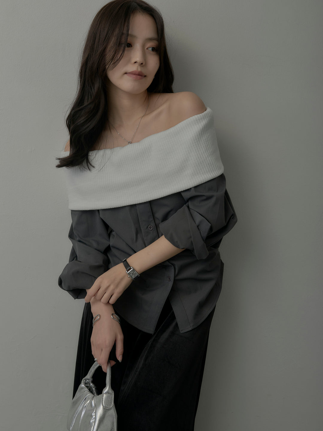 ニットシャツドッキングオフショルトップス