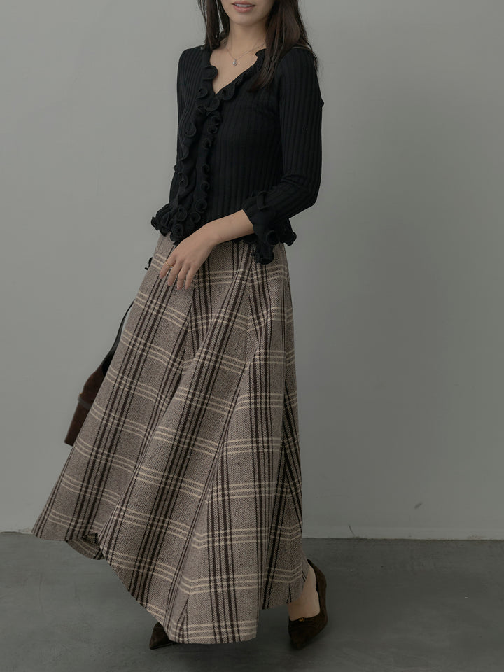 【SET】Vネックフリルデザインニットトップス+【Essential】クラシカルチェックウールタッチスカート(2set)