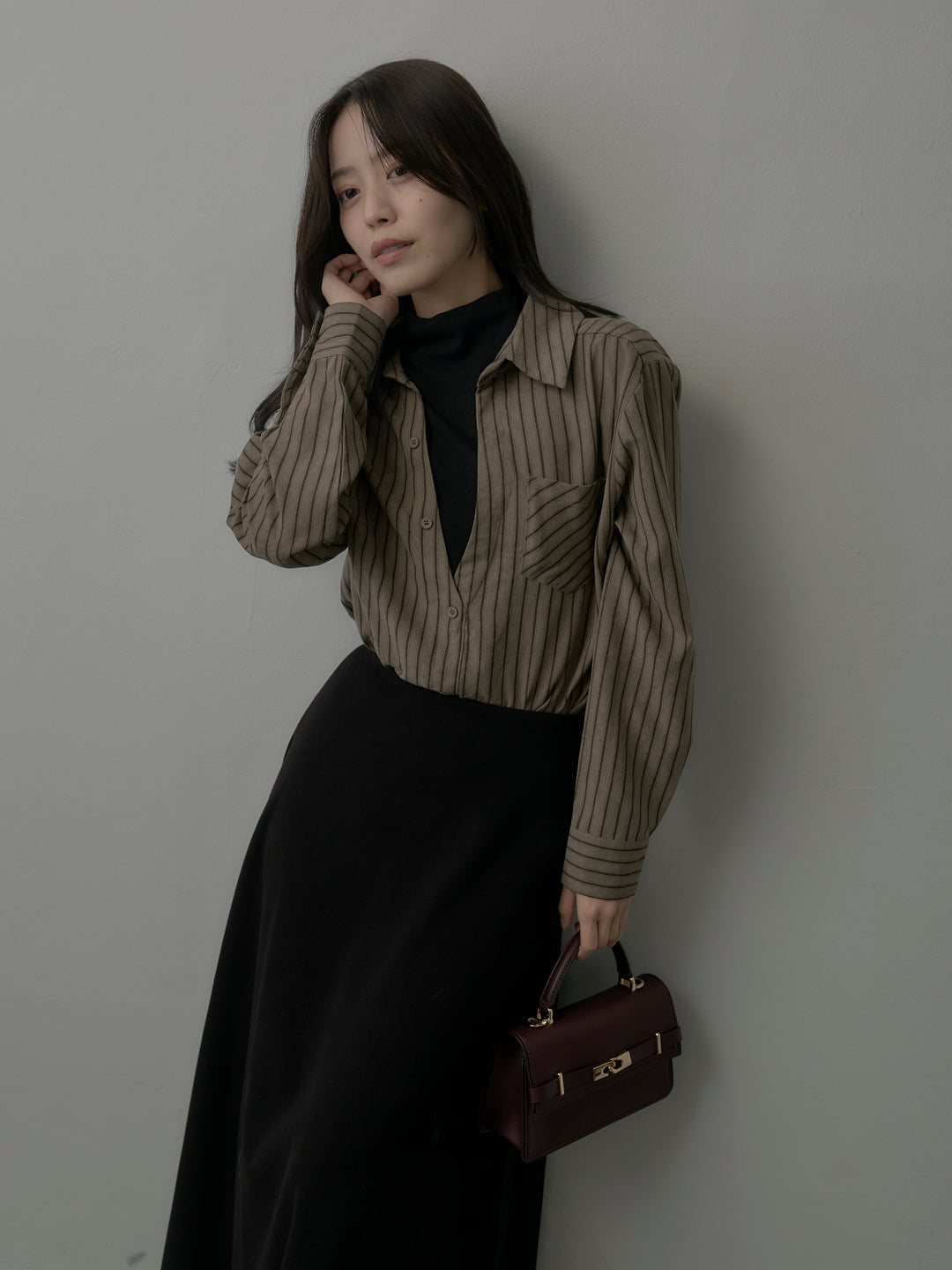 【SET】スエードタッチドッキングデザインストライプシャツ+リラクシーフレアロングスカート(2set)