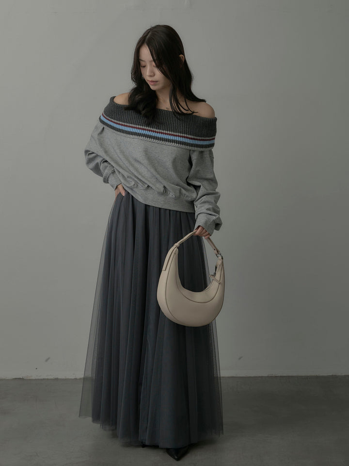 【SET】配色ボーダースウェットオフショルトップス+ボリュームチュールスカート(2set)