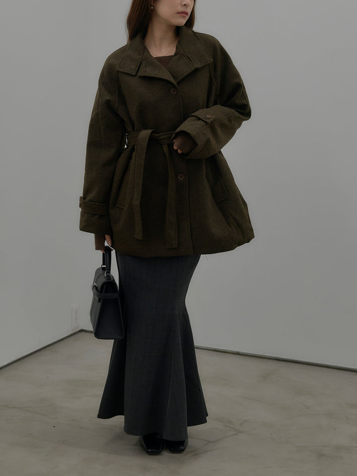 【SET】キルティングライナーウールミディアムコート+スクエアネックリブニット+【Essential】チェック柄マーメイドスカート(3set)