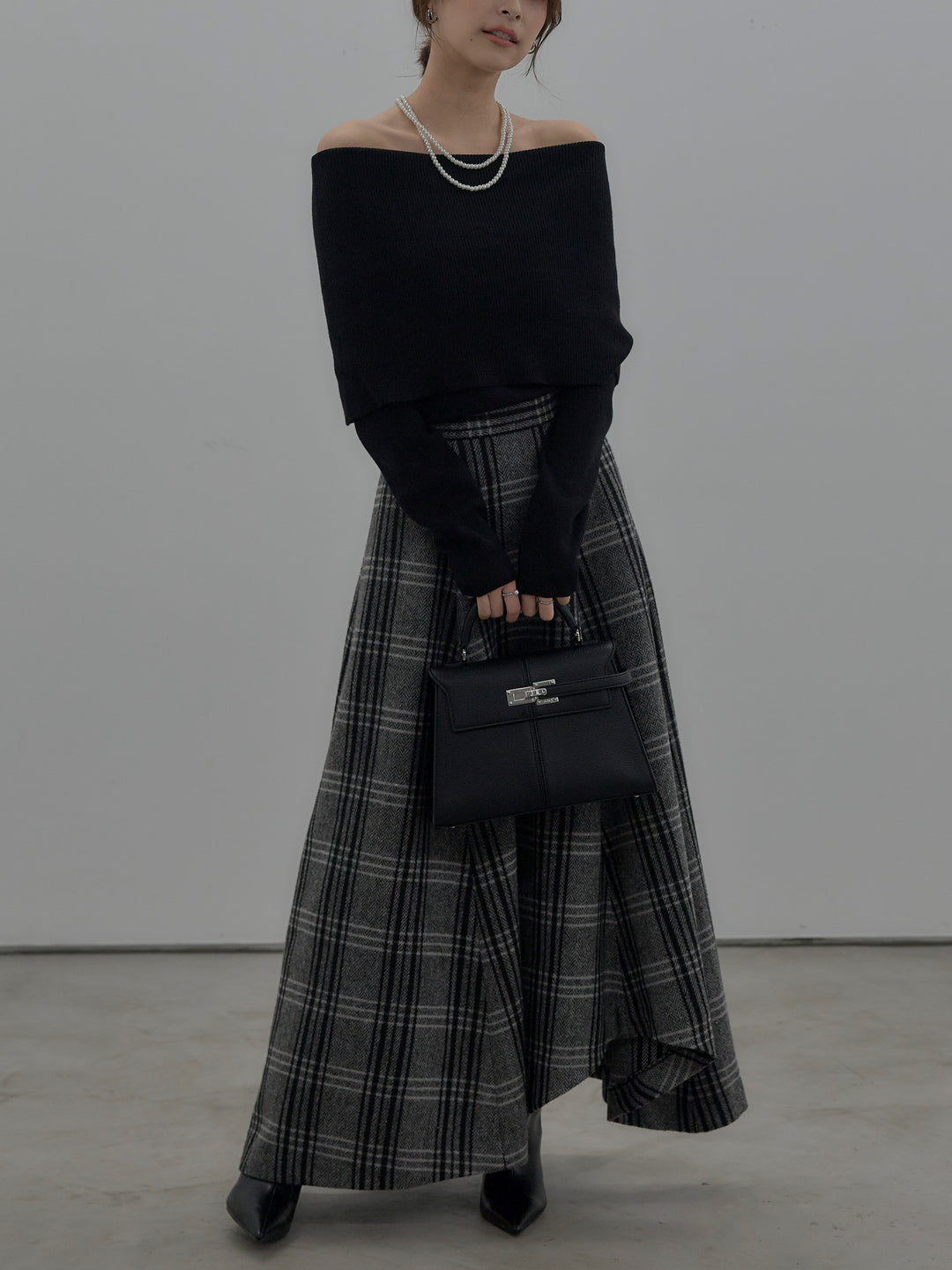 【SET】【premium touch】ソフトリブオフショルニットトップス+【Essential】クラシカルチェックウールタッチスカート(2set)