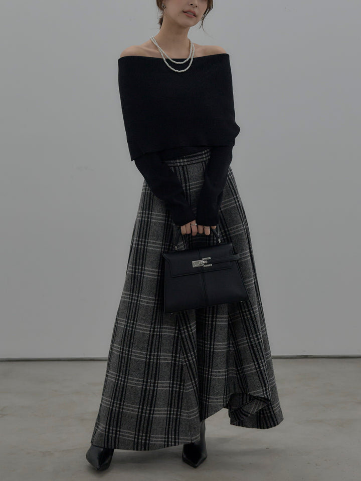 【SET】【premium touch】ソフトリブオフショルニットトップス+【Essential】クラシカルチェックウールタッチスカート(2set)