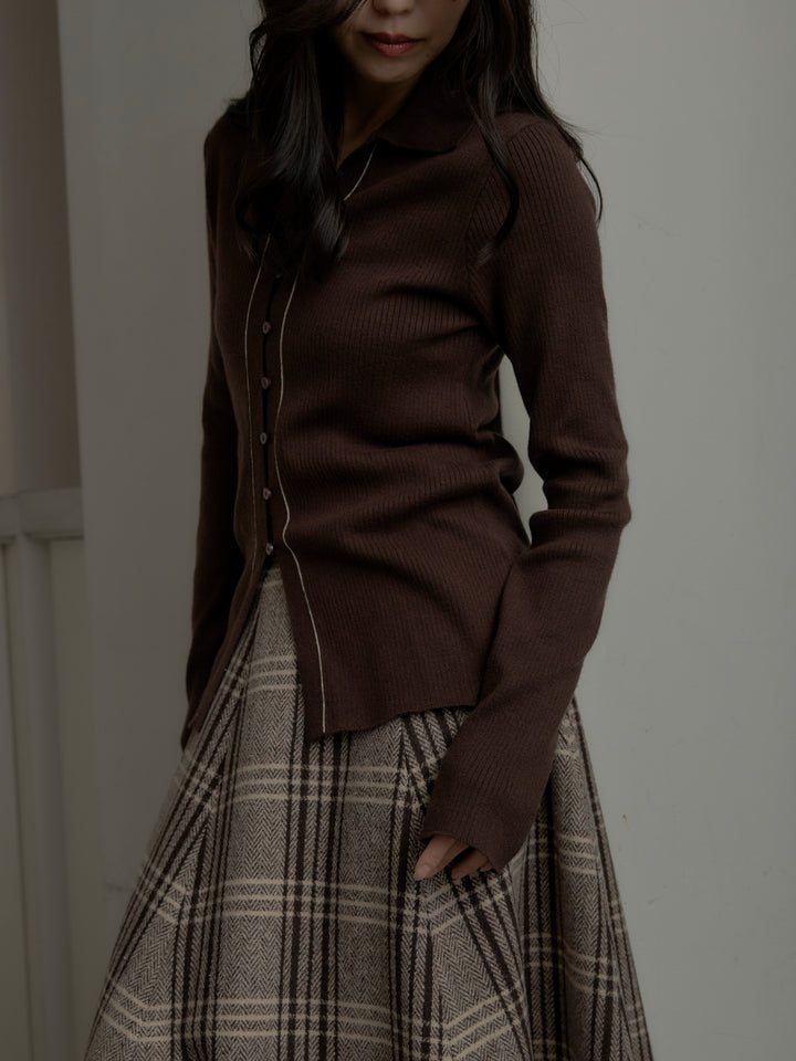 【SET】リブ配色ラインポロニットカーディガン+【Essential】クラシカルチェックウールタッチスカート(2set)