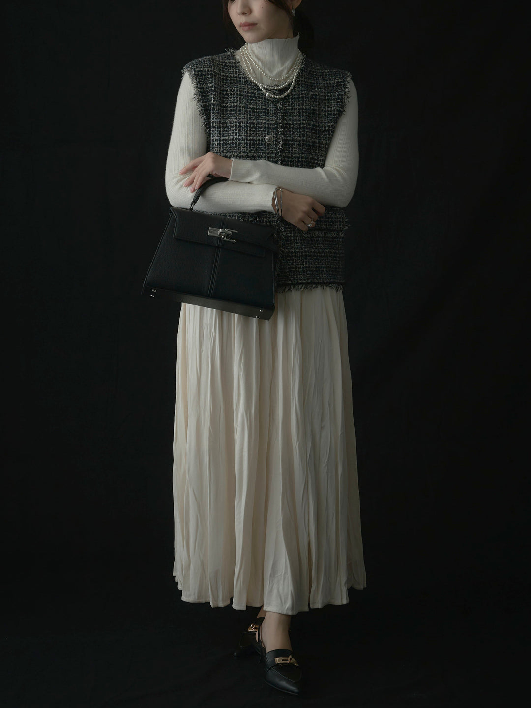 【SET】ツイードフリンジベスト+リブニットタートルネック+ベロアワッシャープリーツスカート(3set)