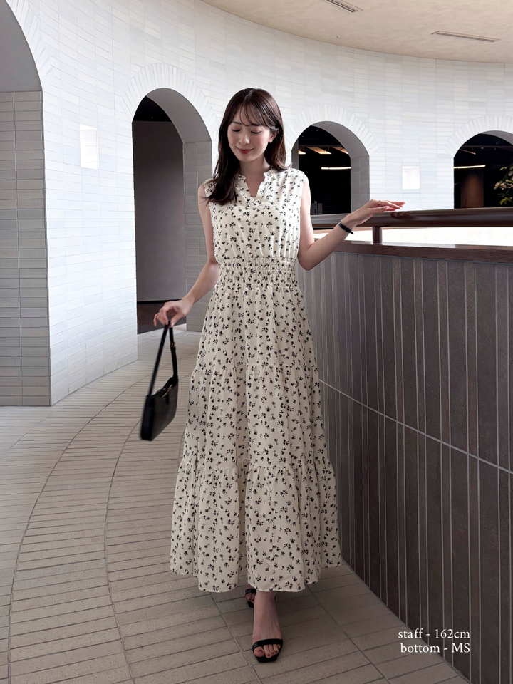 【Essential】V neck shirring tiered one piece