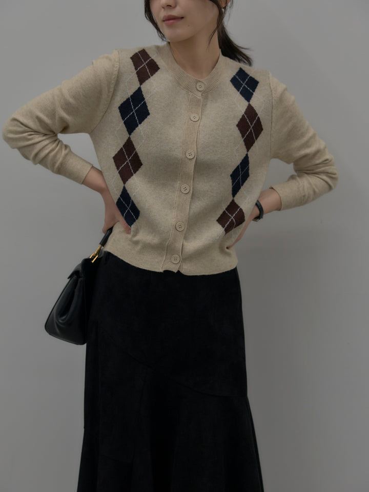 【SET】アーガイル柄ニットカーディガン+スウェードフレアスカート(2set)