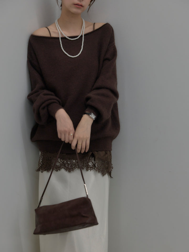 【SET】【premium touch】2wayショルダーニットプルオーバー+レースサテンキャミソール+ナローAラインサテンスカート(3set)