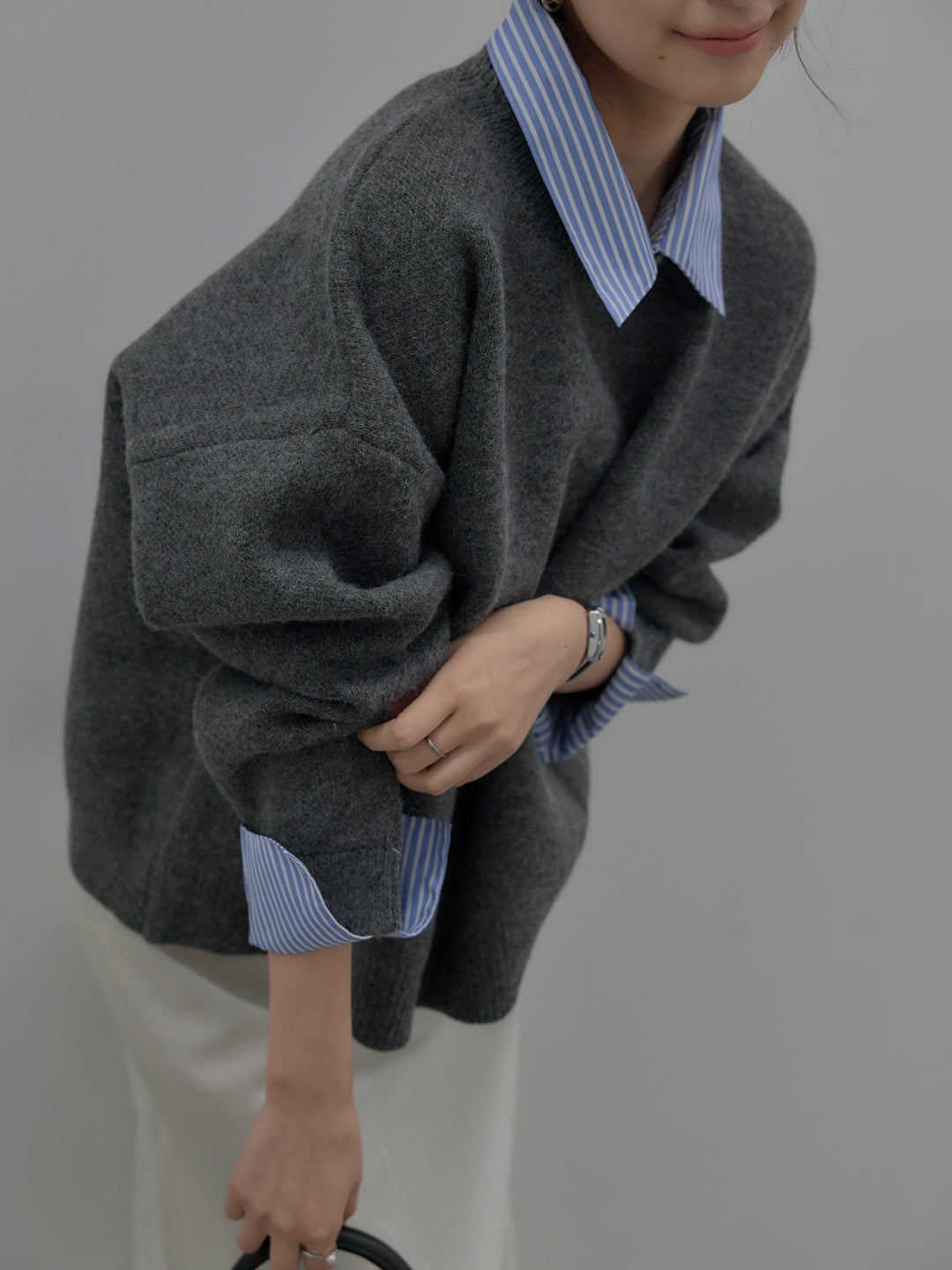 【SET】シャツドッキング肉厚ニットプルオーバー+ナローAラインサテンスカート(2set)