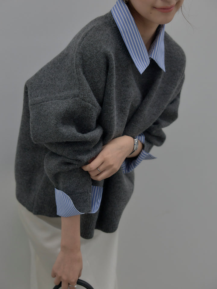 【SET】シャツドッキング肉厚ニットプルオーバー+ナローAラインサテンスカート(2set)