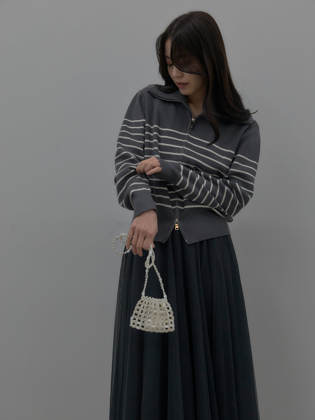 ダブルZIPハイネックボーダーニットトップス