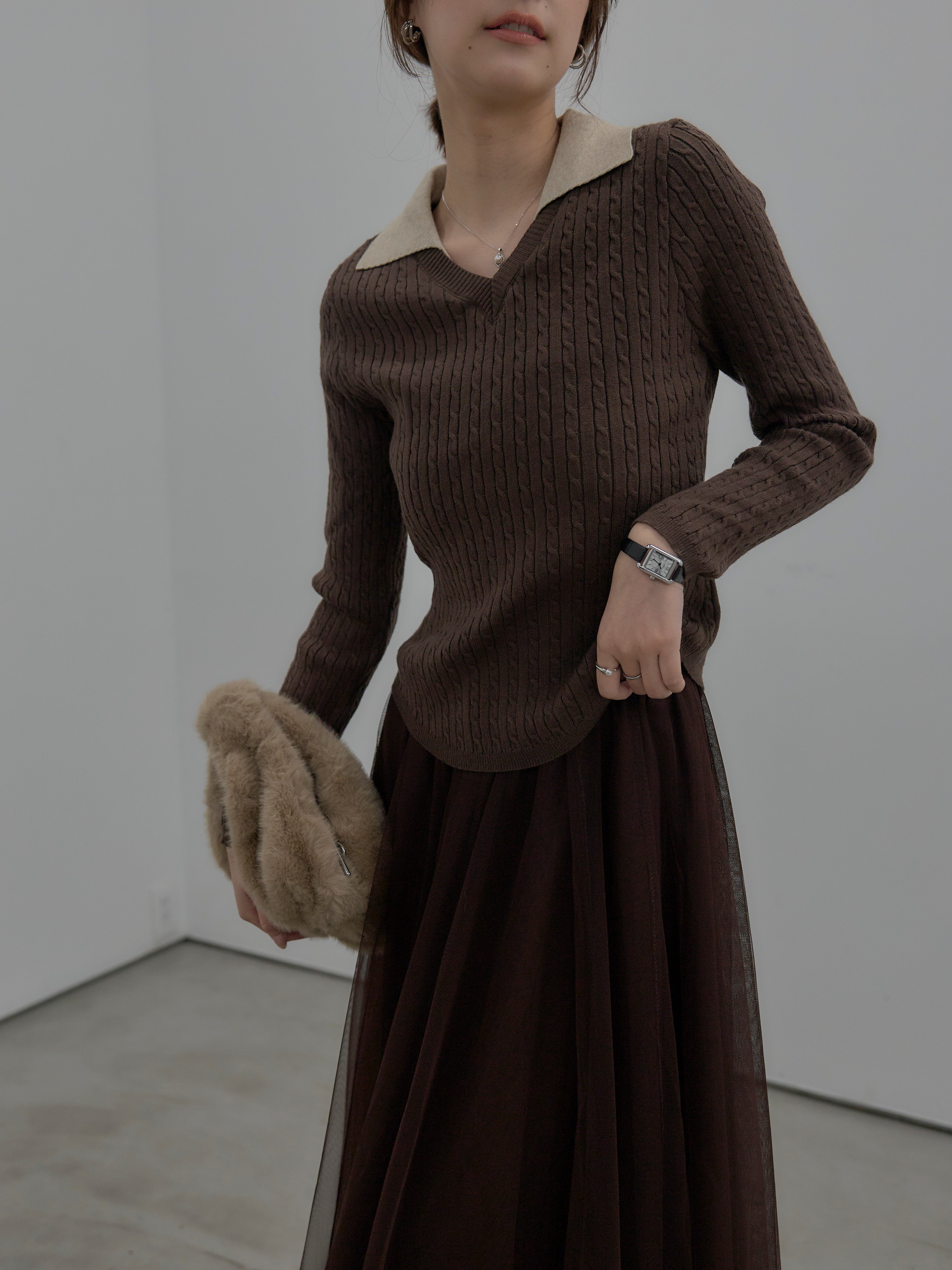 配色Vネックケーブルニットトップス – nairo