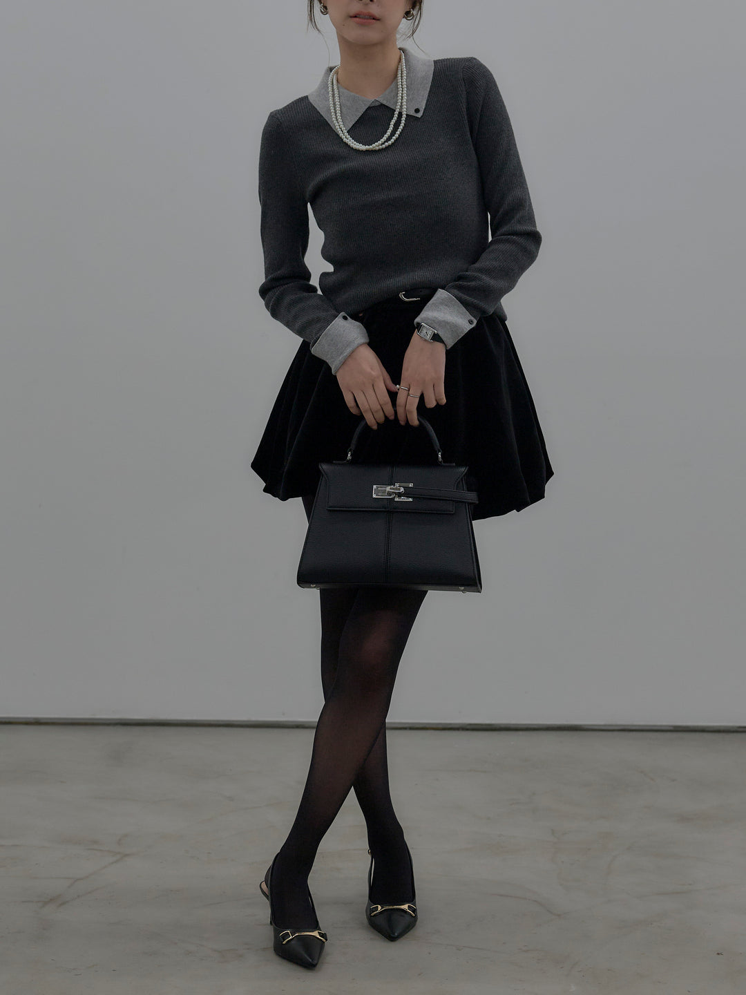 【SET】配色カフスニットポロ+ベロアバルーンミニスカート(インパン付き)(2set)