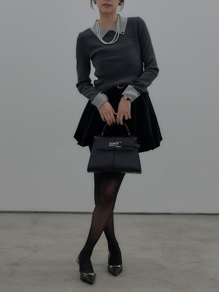 【SET】配色カフスニットポロ+ベロアバルーンミニスカート(インパン付き)(2set)