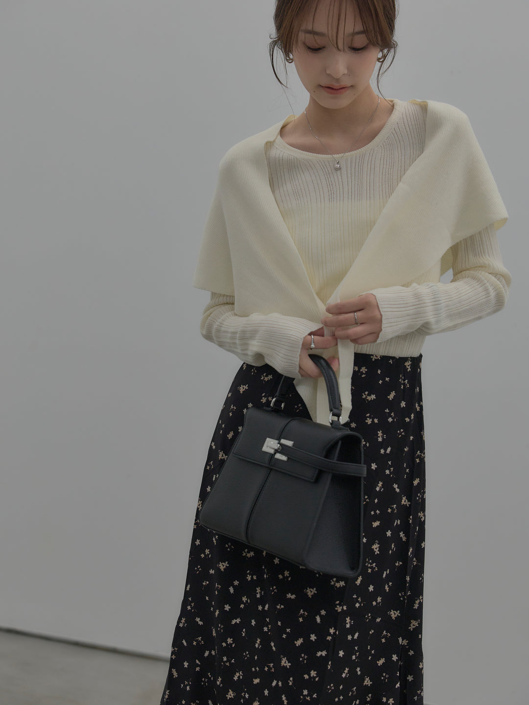 ニットスカーフ付きリブニットトップス