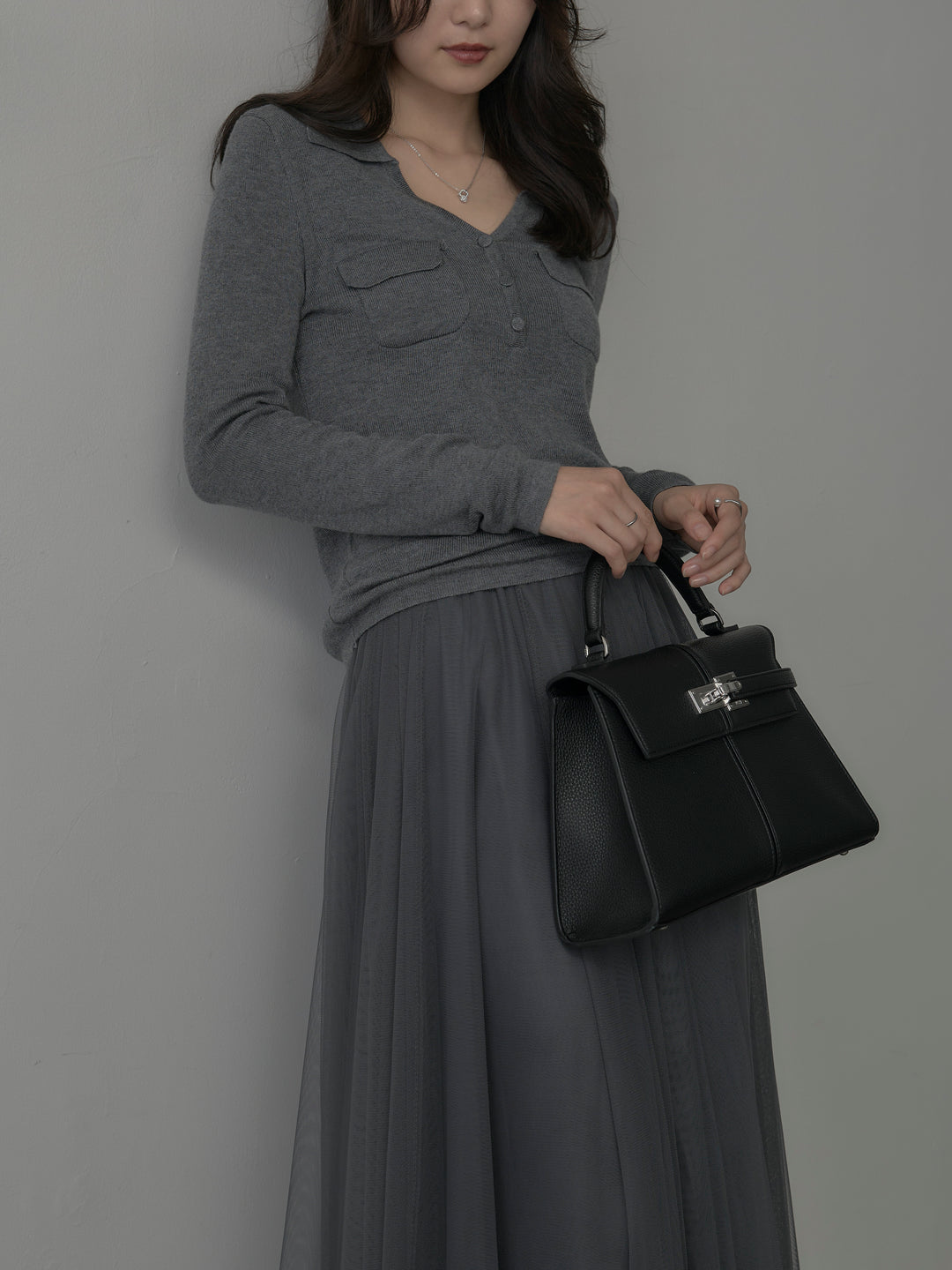 【SET】ポケットデザインリブニットトップス+ボリュームチュールスカート(2set)