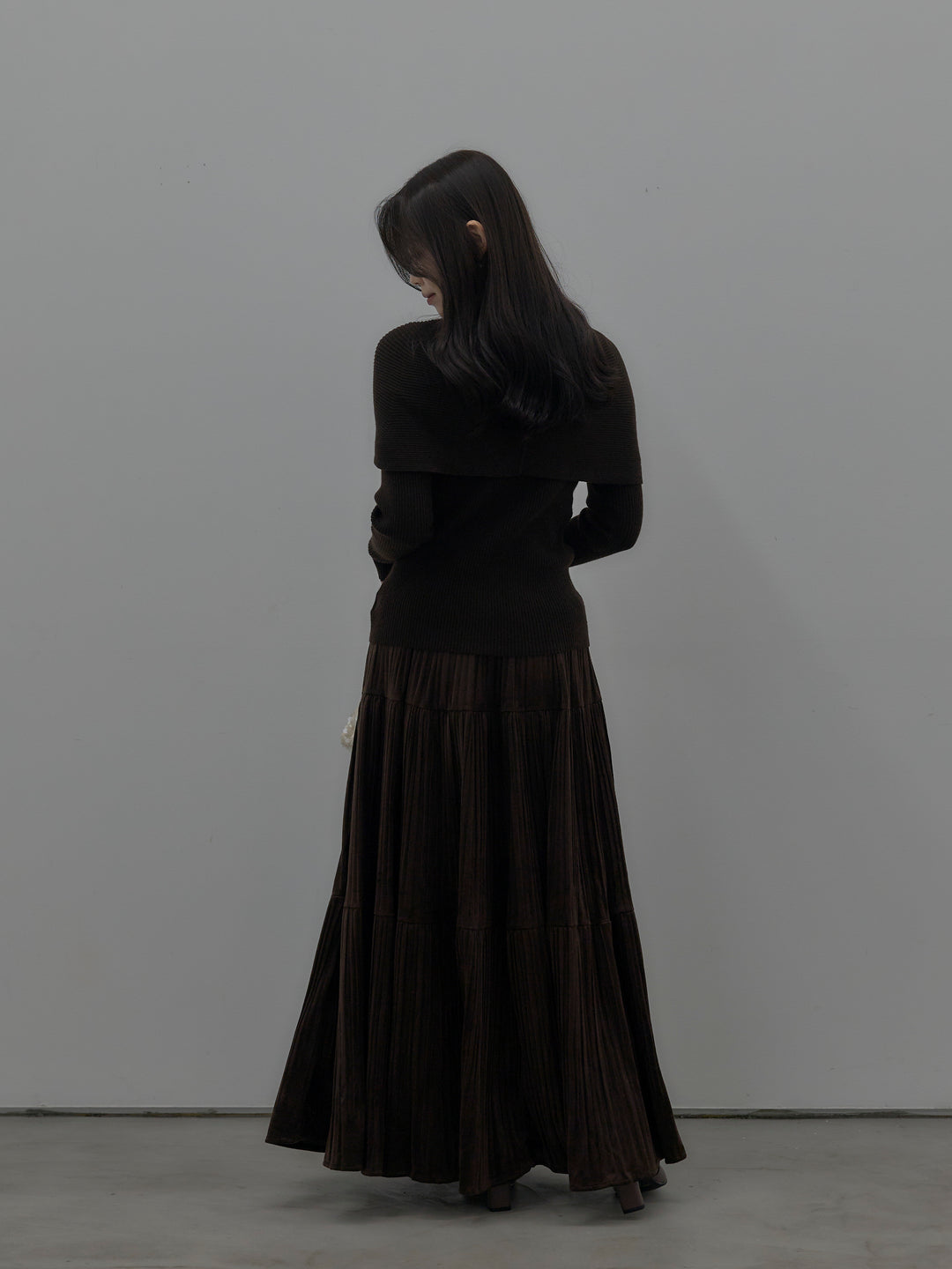 【SET】ケープライクデザインリブニットトップス+ベロアプリーツティアードスカート(2set)