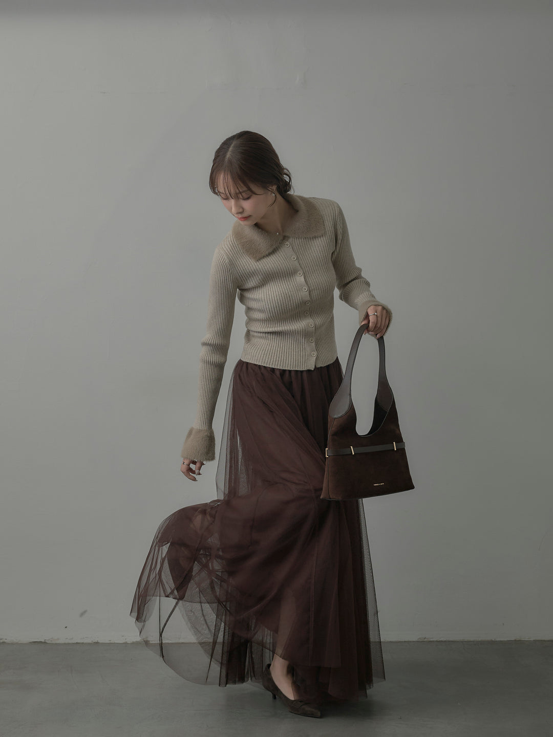 【SET】シャギー襟リブニットポロトップス+ボリュームチュールスカート(2set)