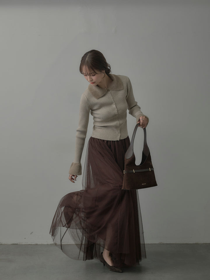 【SET】シャギー襟リブニットポロトップス+ボリュームチュールスカート(2set)