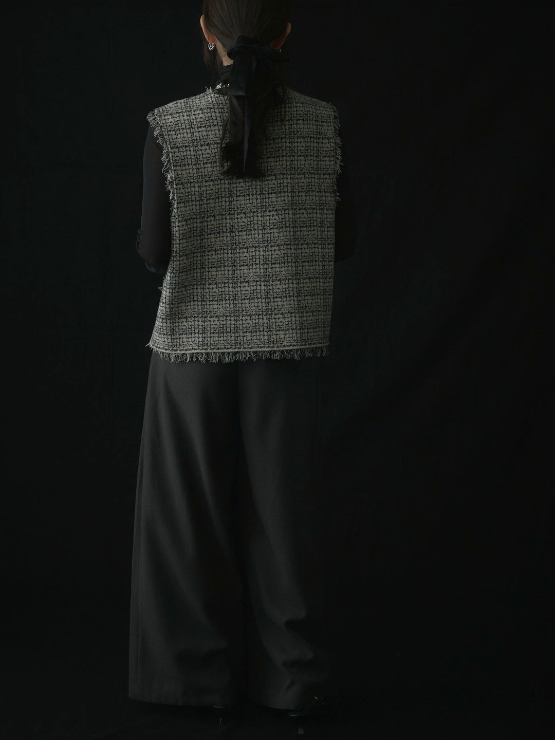 【SET】ツイードフリンジベスト+メロウフリルシアートップス+【ロープベルト付属】ウールタッチワイドパンツ(3set)