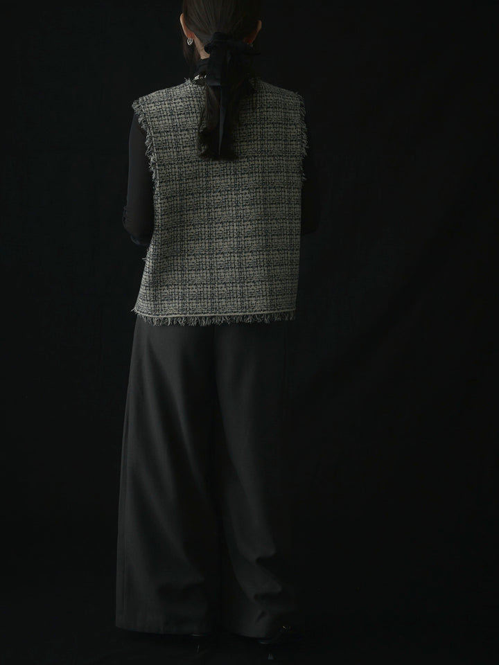 【SET】ツイードフリンジベスト+メロウフリルシアートップス+【ロープベルト付属】ウールタッチワイドパンツ(3set)