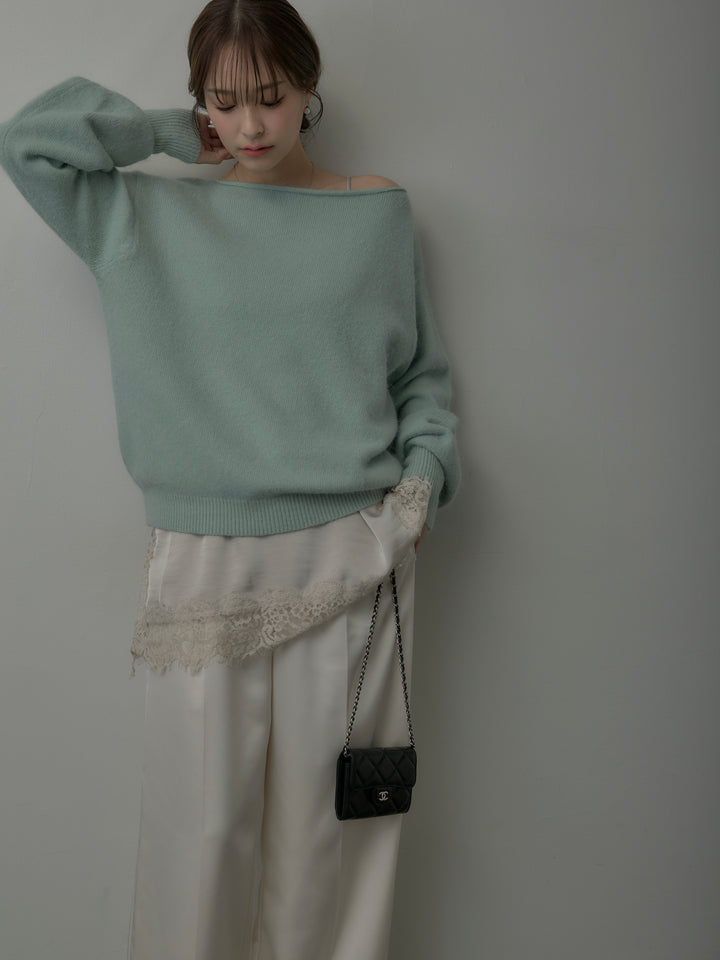 【SET】【premium touch】2wayショルダーニットプルオーバー+レースサテンキャミソール+【Essential】センタープレスサテンパンツ(3set)