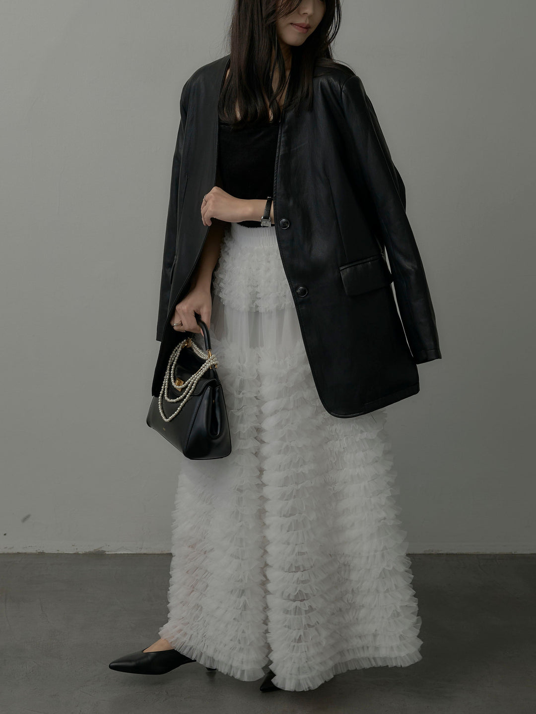 【SET】レザーノーカラージャケット+ドラマチックフリルチュールスカート(2set)