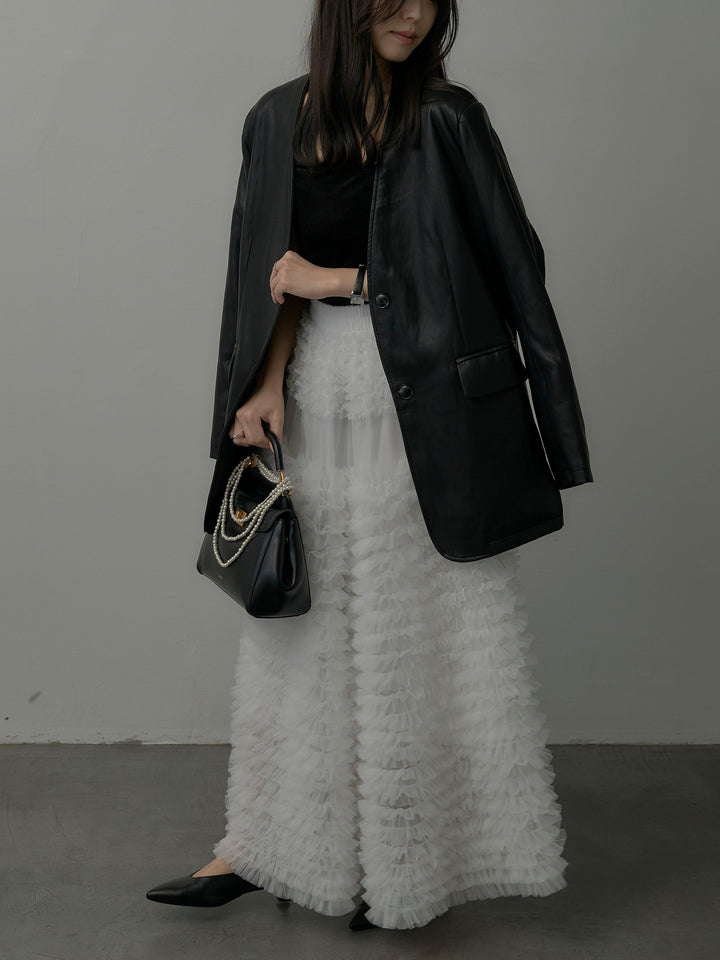 【SET】レザーノーカラージャケット+ドラマチックフリルチュールスカート(2set)