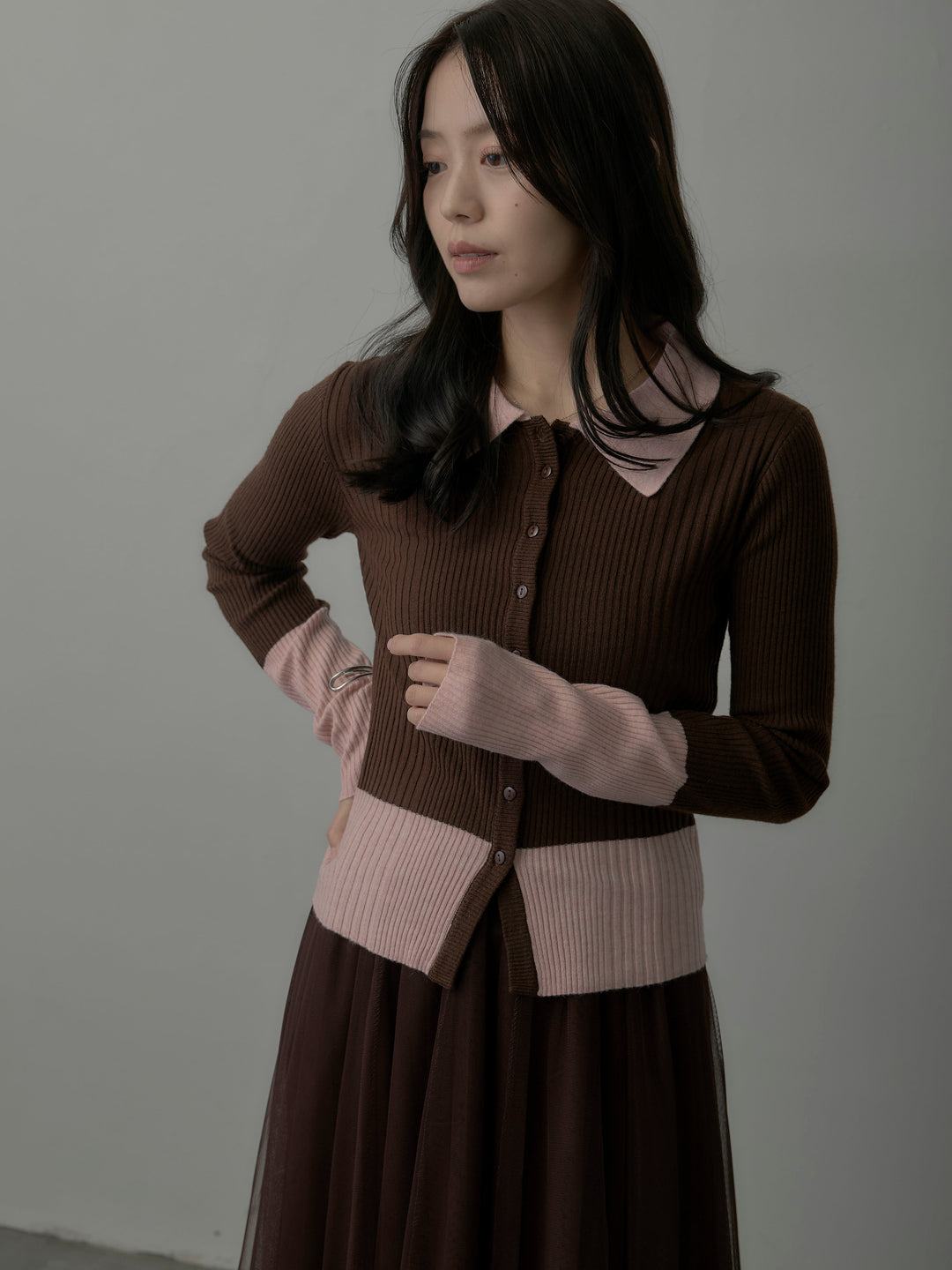 バイカラーリブニットポロトップス