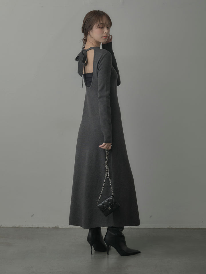 バックリボンニットロングワンピース