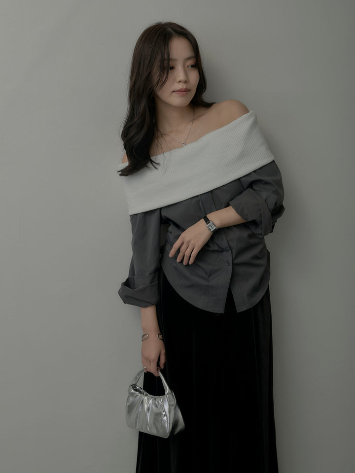 【SET】ニットシャツドッキングオフショルトップス+ベロアフレアロングスカート(2set)