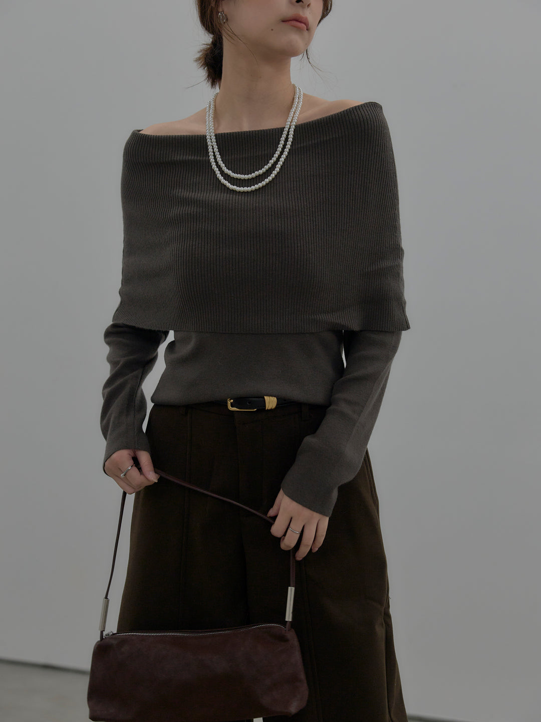 【SET】【premium touch】ソフトリブオフショルニットトップス+カーブデザインスウェットライクパンツ(2set)