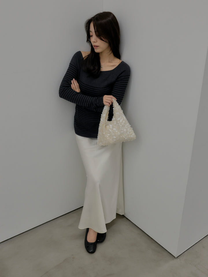 【SET】ハーフボーダーニットトップス+ナローAラインサテンスカート(2set)