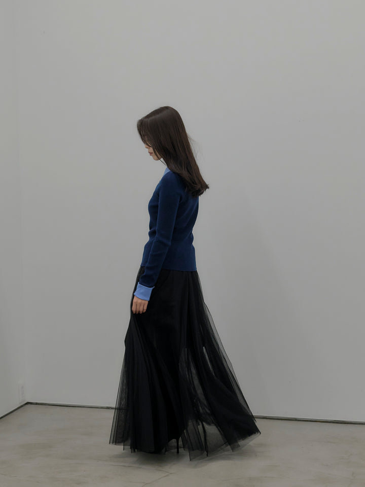 【SET】配色カフスニットポロ+ボリュームチュールスカート(2set)