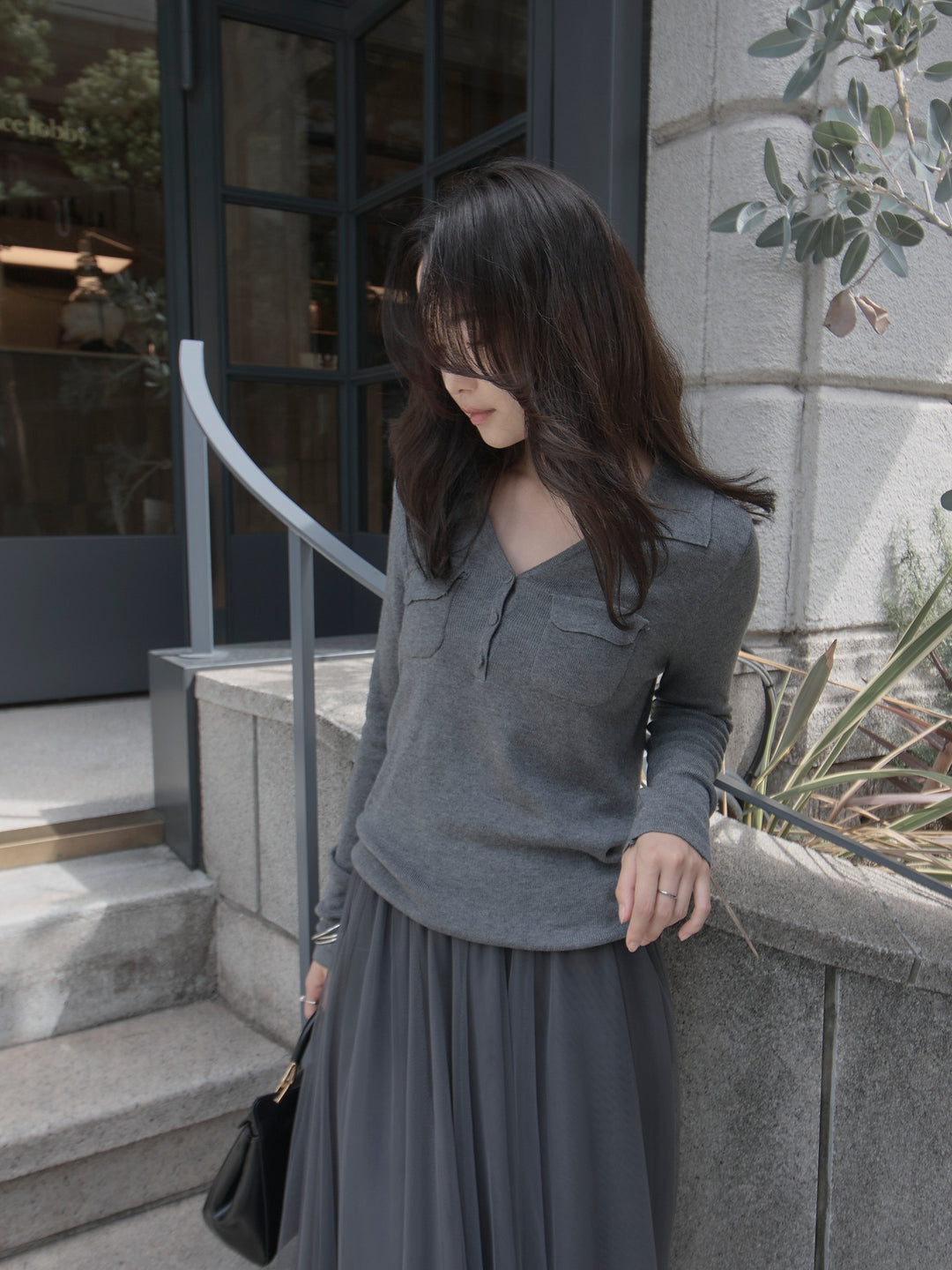 【SET】ポケットデザインリブニットトップス+ボリュームチュールスカート(2set)