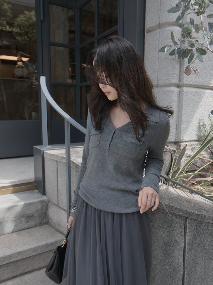 【SET】ポケットデザインリブニットトップス+ボリュームチュールスカート(2set)