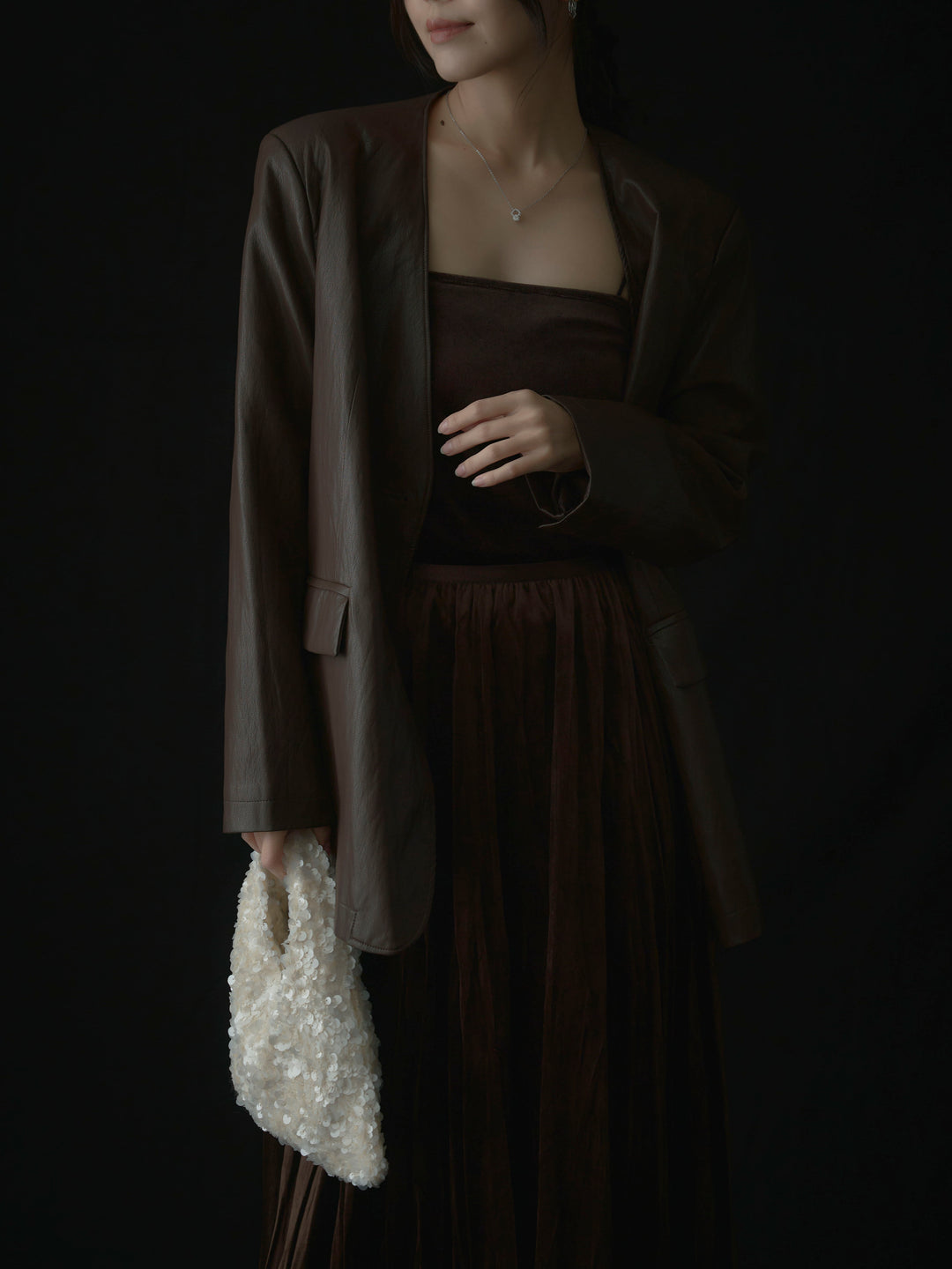 【SET】レザーノーカラージャケット+ベロアワッシャープリーツスカート(2set)