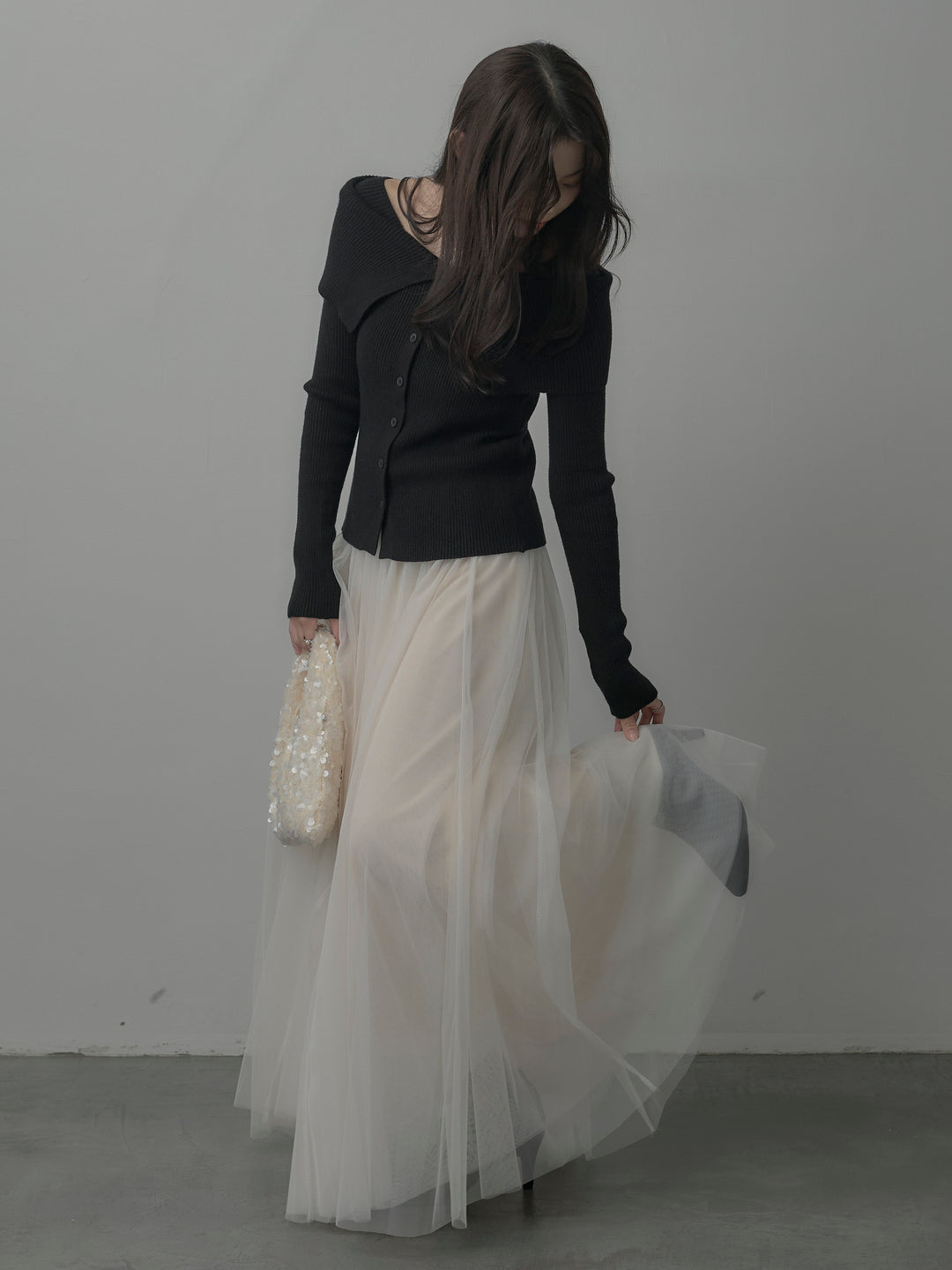 【SET】オフショルライクリブニットトップス+ボリュームチュールスカート(2set)