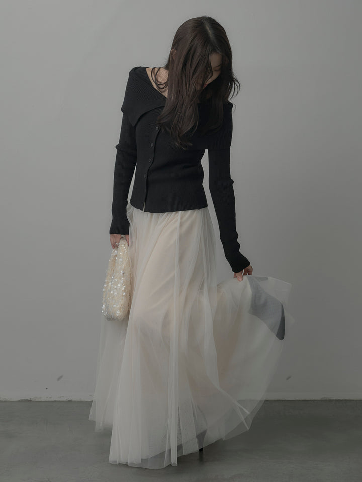 【SET】オフショルライクリブニットトップス+ボリュームチュールスカート(2set)