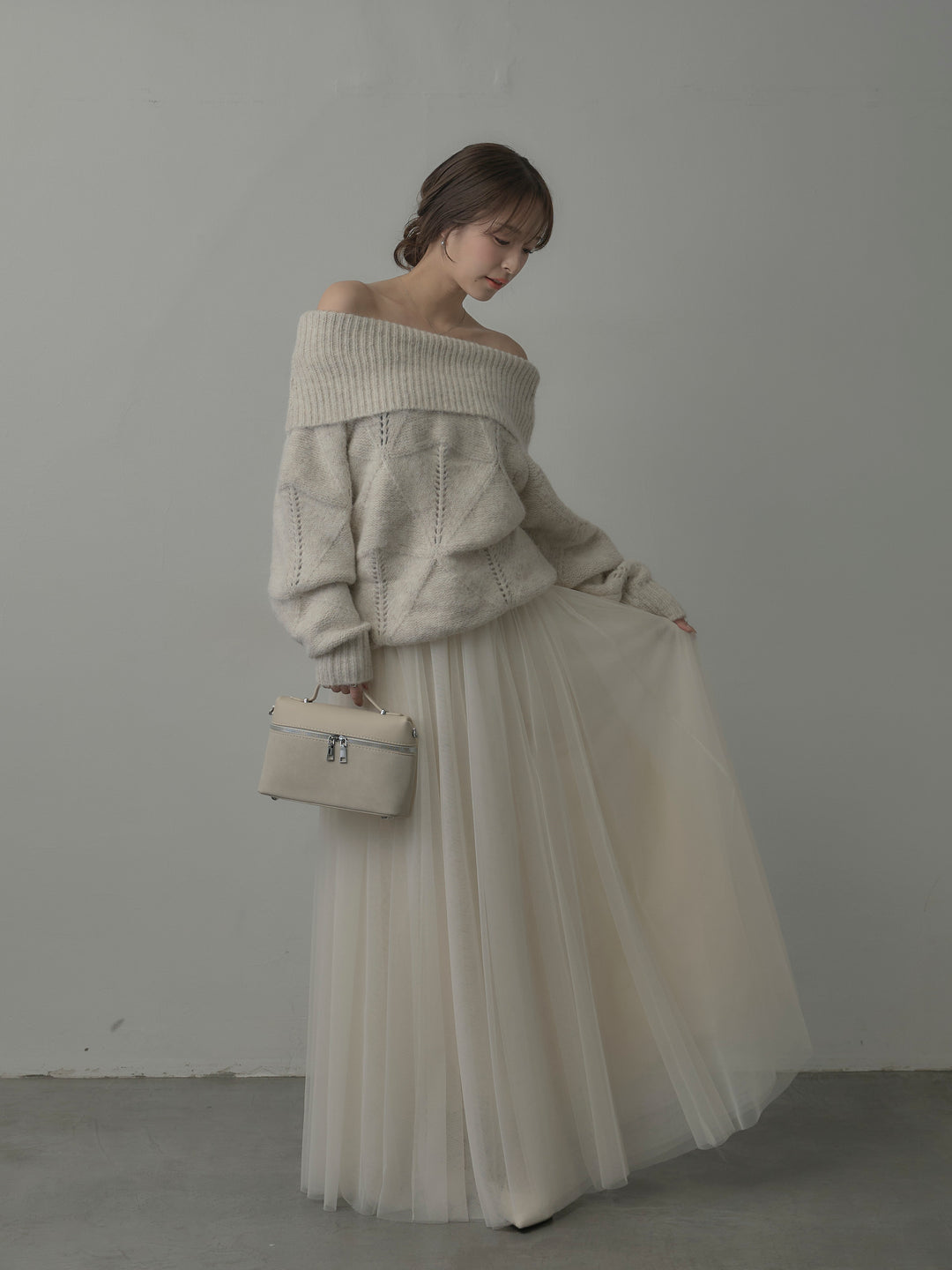 【SET】メランジニットオフショルトップス+ボリュームチュールスカート(2set)