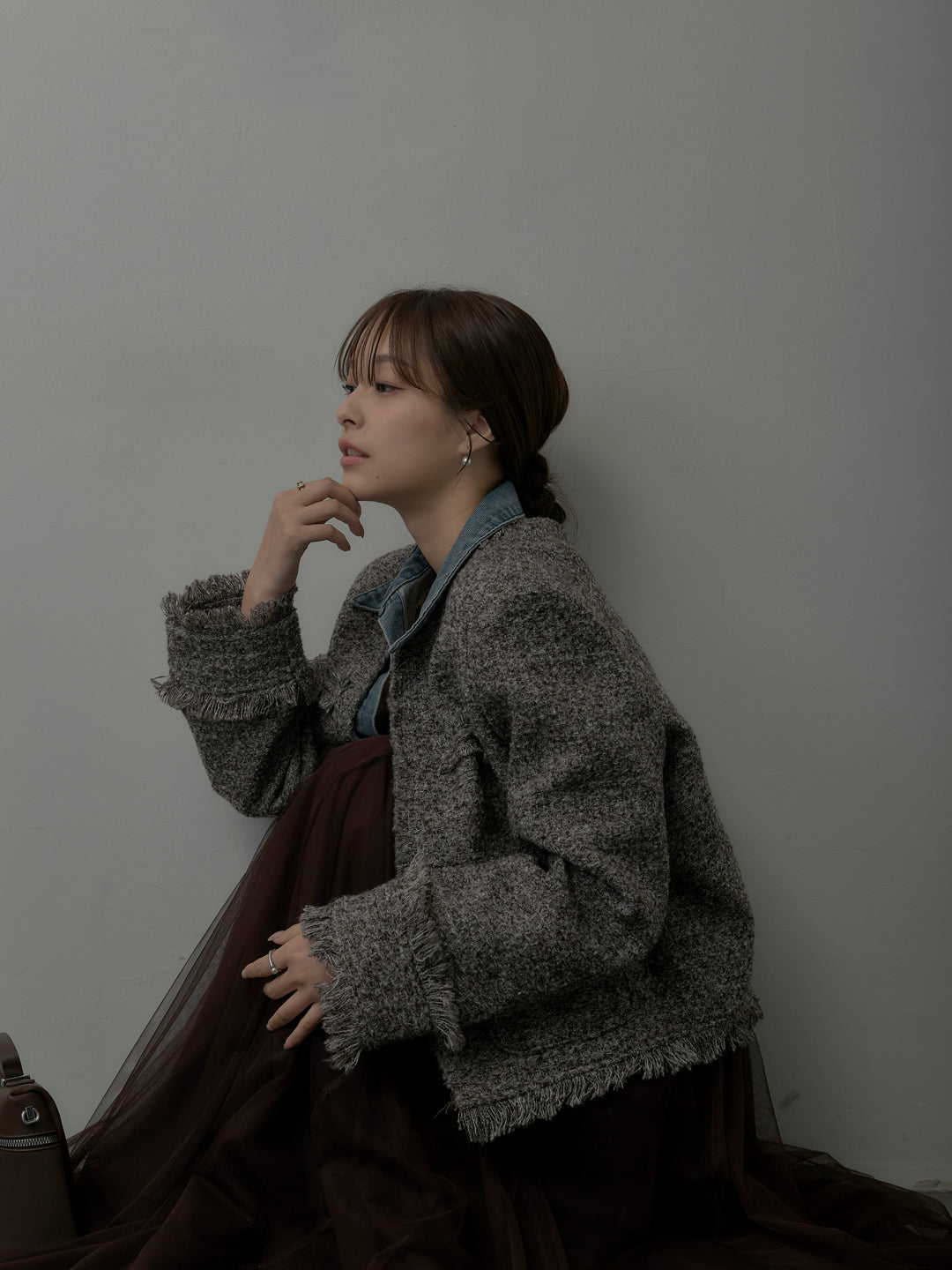 【SET】デニムドッキングオーバーサイズツイードジャケット+ボリュームチュールスカート(2set)