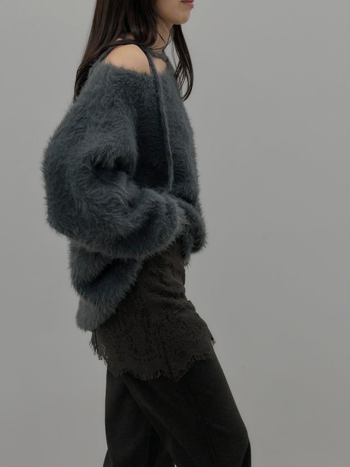 【SET】ネックリボンワンショルダーシャギーニット+レースレイヤードセミフレアパンツ(2set)