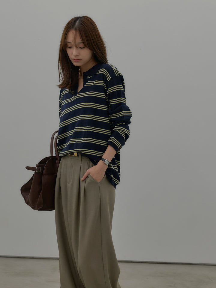 ボーダーポロ襟ニットプルオーバー