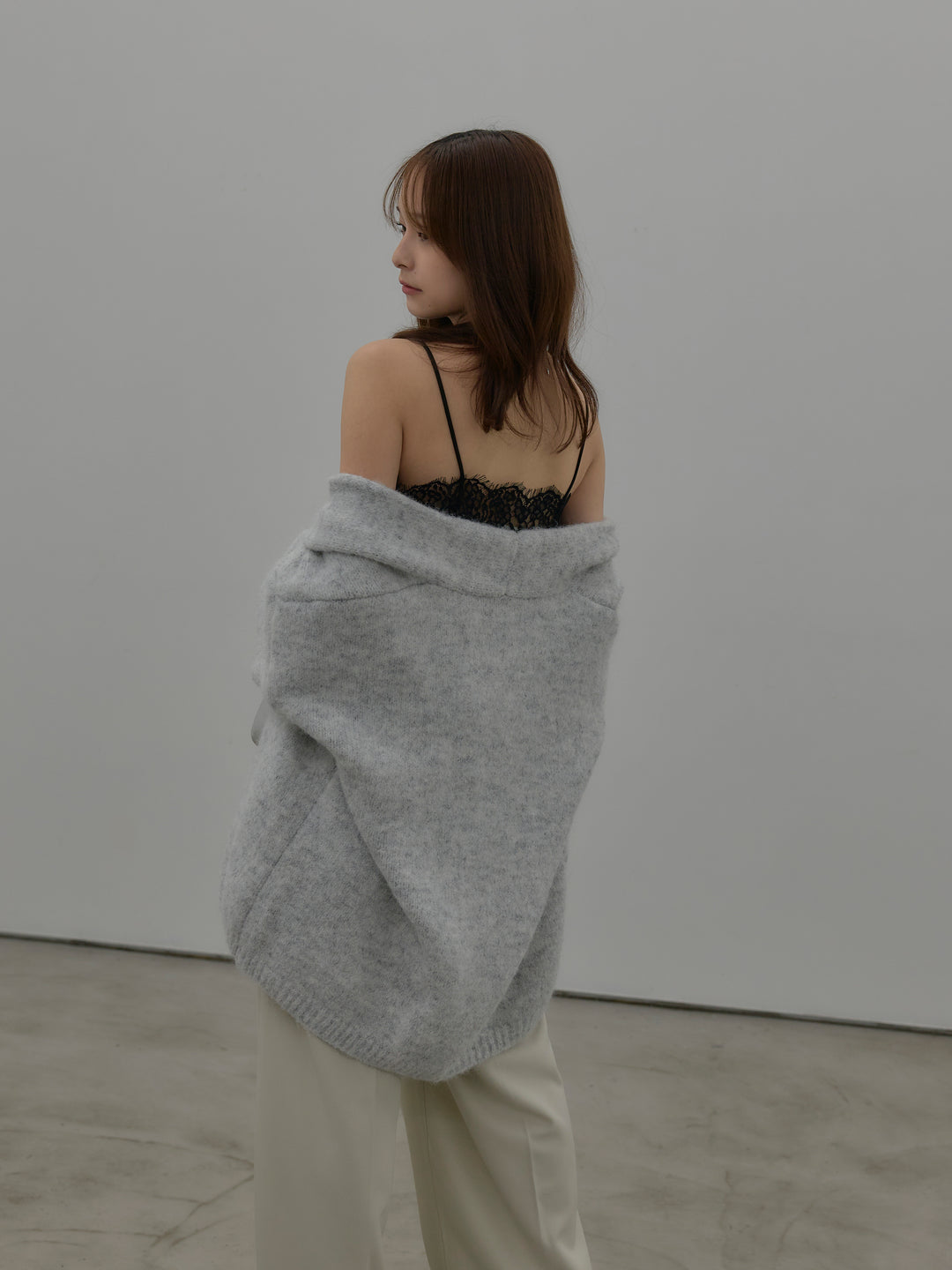 【SET】モヘアライクオーバーニットカーディガン+レースサテンキャミソール(2set)