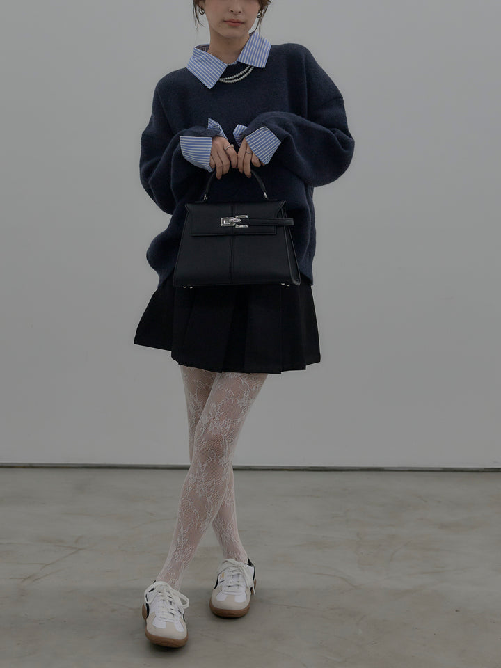 【SET】シャツドッキング肉厚ニットプルオーバー+ベルト付きプリーツミニスカート(2set)