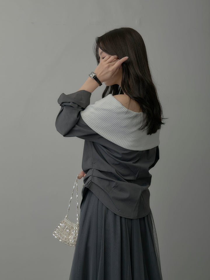 ニットシャツドッキングオフショルトップス