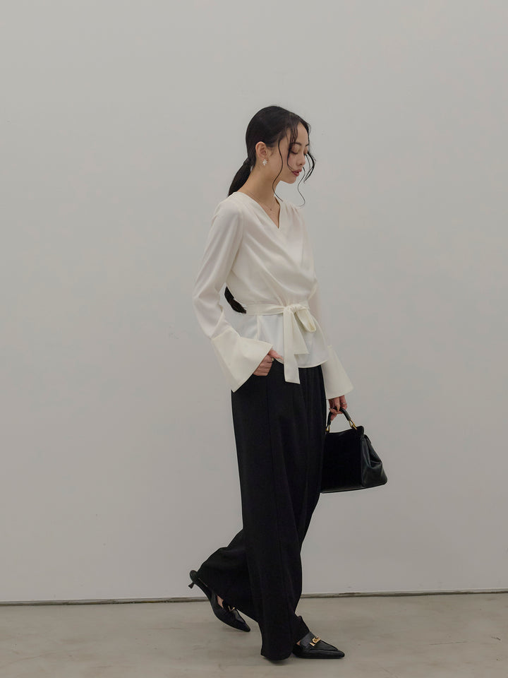 【SET】【Essential】2wayタイ付きベルスリーブサテンブラウス+ハイウエストセンタープレスワイドパンツ(2set)
