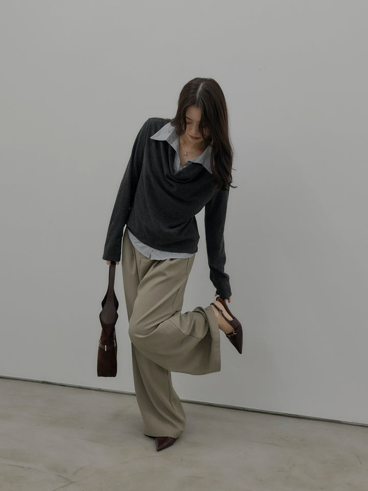 【SET】シャツレイヤードドレープニットトップス+デザインタックワイドパンツ(2set)