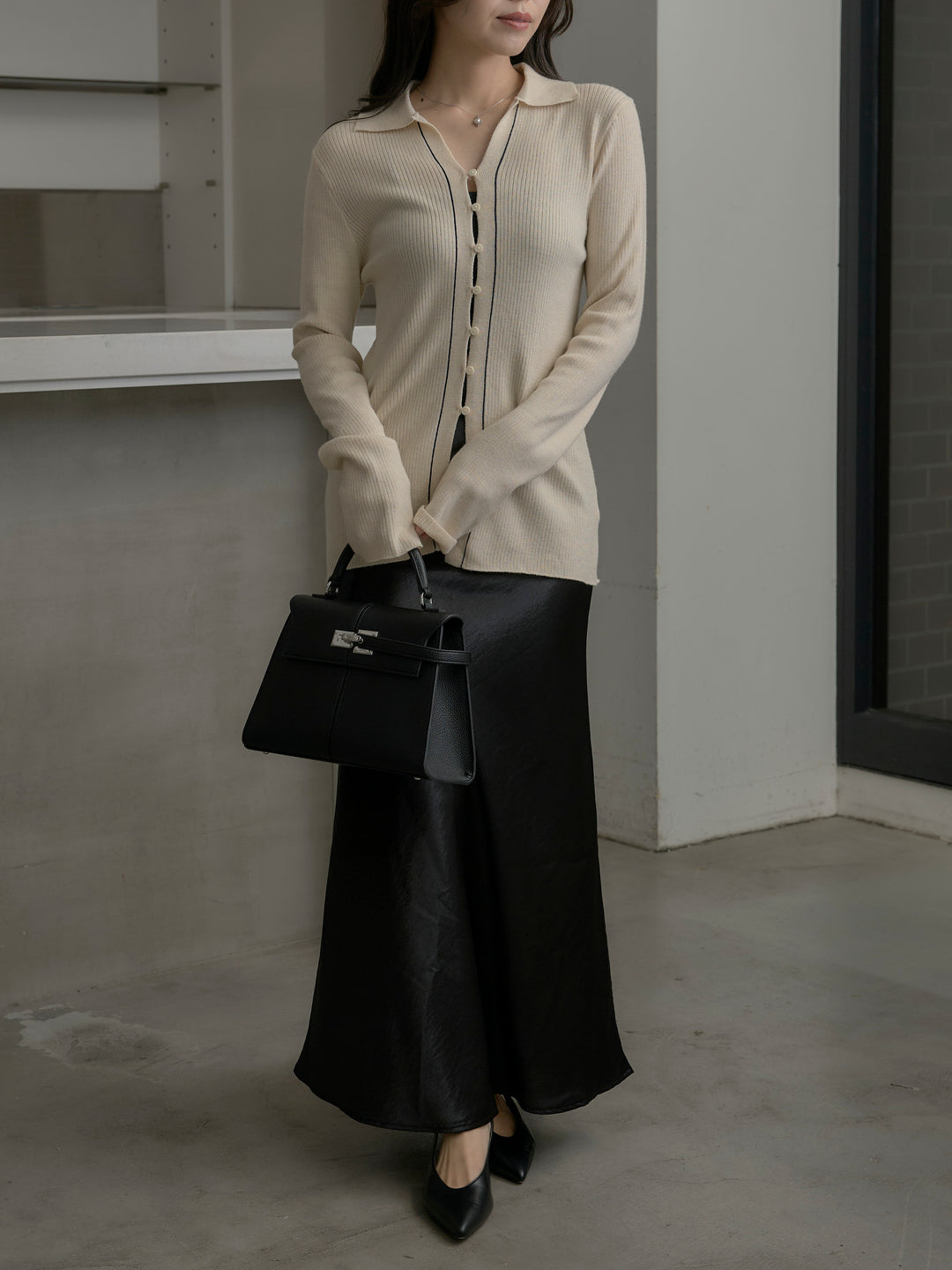 【SET】リブ配色ラインポロニットカーディガン+ナローAラインサテンスカート(2set)